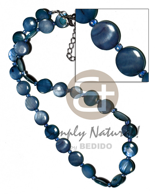 laminated 10mm round kabibe shells  glass beads / blue tones - Shell Necklace