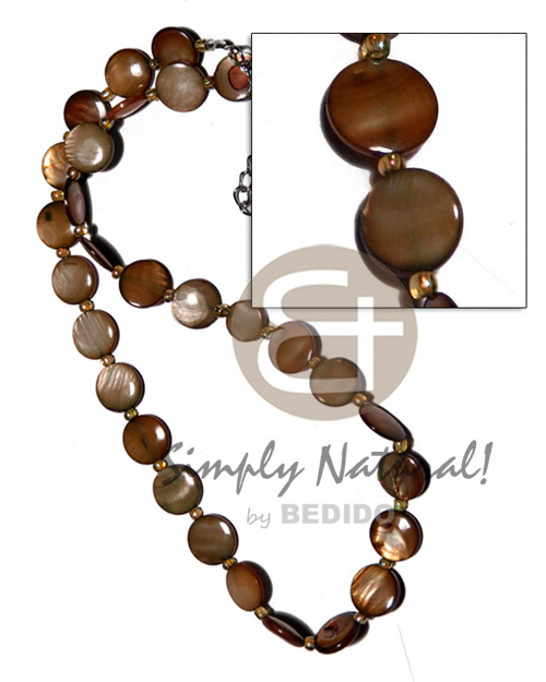 laminated 10mm round kabibe shells  glass beads / brown tones - Shell Necklace