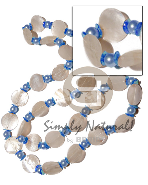 27 pcs. single row 25mm nat. white round hammershells  bllue tones pearl beads and sequins accent / 38in - Shell Necklace