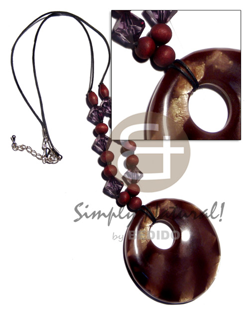wax cord  acryclic crystals , 10mm nat. wood beads in brown  70mm round marbled resin  capiz chips pendant / 20in - Shell Necklace