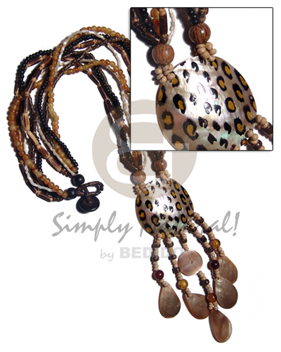 5 layers sig-ed2-3mm black.brown coco Pokalet/heishe,cut beads, horn beads combination  tassled 45mm round brownlip  anilmal print and dangling 30mm20mm  teardrop brownlip shels / 22 in. plus 2in. tassles - Shell Necklace