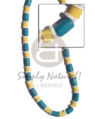 blue wood tube  pastel yellow 8mm limestone and white clam alt. - Shell Necklace