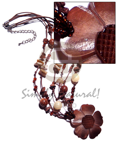 3 rows brown wax cords  buri seeds and shells chips accent and 40mm reddish brown hammershell flower  groove nectar - Shell Necklace
