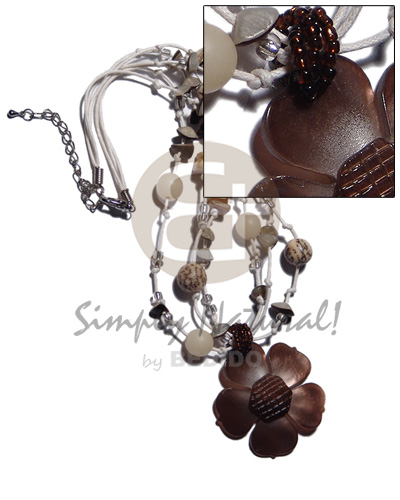 3 rows white wax cords  buri seeds and shells chips accent and 40mm brown hammershell flower  groove nectar - Shell Necklace