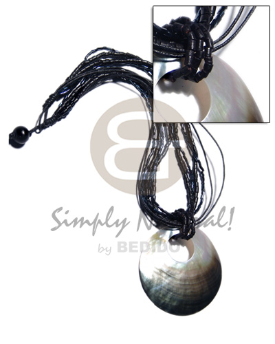 45mm round blacklip shell pendant on 2 layers black 2-3mm coco heishe/ 2 black layers wax cord  2layers cut glass beads combination - Shell Necklace
