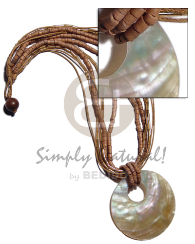 45mm round MOP shell pendant on 2 layers 2-3mm coco heishe/2layers wax cord/2layers cut glass beads / in brown tones - Shell Necklace
