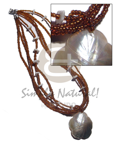 4 layers amber glass beads  45mm blacklip flower pendant  white rose shell accent / 18in - Shell Necklace