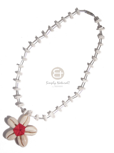double sided sigay flower  white rose and cut glass beads neckline / 16in - Shell Necklace