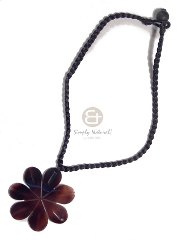 black satin cord flat macrame  60mm flower blacktab pendant / 16in - Shell Necklace