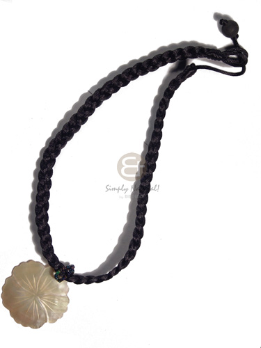 satin black cord flat braided macrame  45mm MOP flower pendant / 15in plus 3in adjustable cord - Shell Necklace