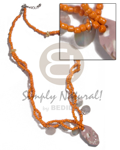 orange intertwined glass beads  dangling 12mm round MOP shell chips in resin pendant / 18in - Shell Necklace