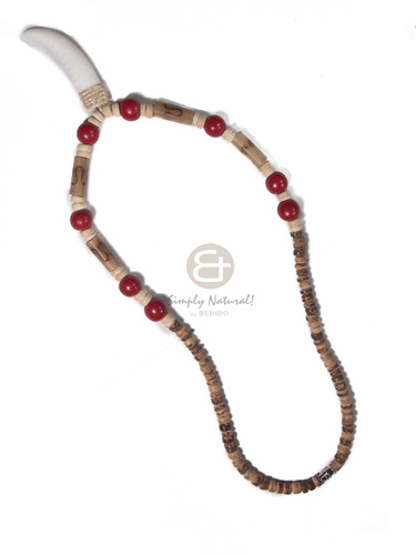4-5mm coco Pokalet tiger/bleach  bamboo tube burning and 10mm round wood beads in red combination and cowrie shell fang pendant / 18in - Shell Necklace