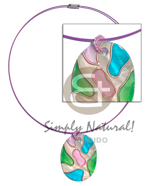coated violet cable wire neckline  handpainted and colored oval 45mmx30mm  7mm hole kabibe shell pendant embellished  elevated /embossed metallic paint accent lines / pastel and gold tones - Shell Necklace