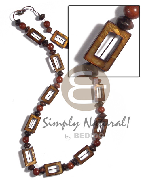 30mmx20mm rectangular laminated golden amber kabibe shell rings ( 11 pcs.) in high gloss  wood beads accent / 30in - Shell Necklace