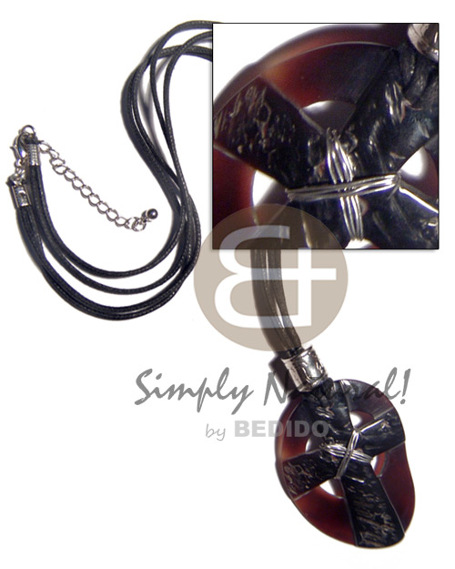 65mmx48mm black tab  cross  skin  wire accent in 2mm double black wax cord / 24in - Shell Necklace