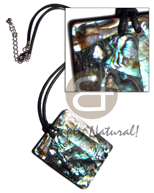 55mmx45mm rectangular crackled paua abalone in 3mm black resin backing and 2mm black wax cord / 18in - Shell Necklace