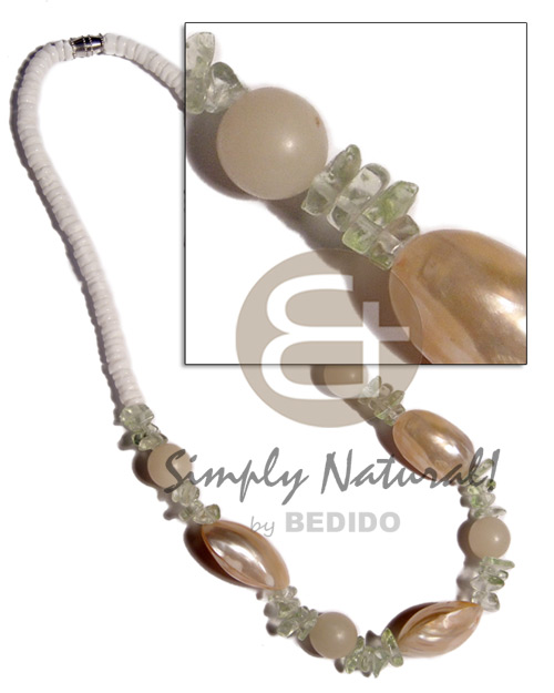 4-5mm white clam heishe  3 pcs. gold mouth shells, buri beads and acrylic chips accent / 16in / barrel lock - Shell Necklace