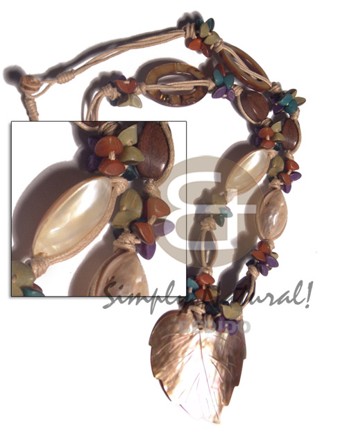 4 rows beige knotted wax cord  multicolored buri seed nuggets, wood beads, gold mouth shell and laminated oval kabibe shell rings  brownlip  50mmx45mm leaf pendant / knotted loop lock  coco stopper /20in - Shell Necklace