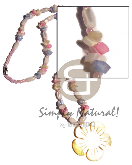 troca rice beads  pastel colored crazy cut shells combination and 40mm yellow hammershell flower - Shell Necklace