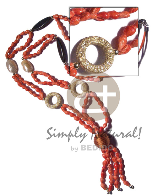 tassled 2 rows orange wax cord nassa shells  pointed oval black horn, glitter wrapped wood rings and gold mouth shell accent / 38in  3in tassles /  ext. chain - Shell Necklace