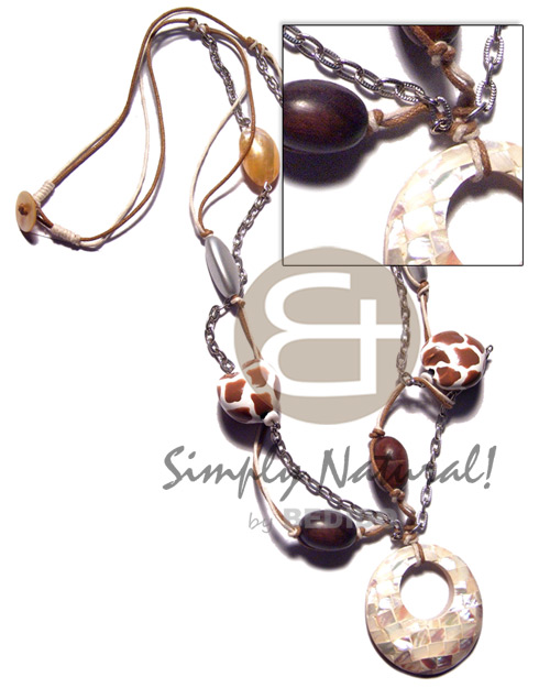 animal print kukui nuts, gold mouth shell and wood beads combination on 2 rows wax cord and metal chain  45mm round kabibe shell blocking (18mm hole) /corded lock / 32in - Shell Necklace