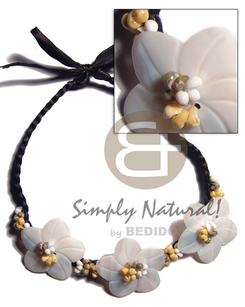 braided black satin cord  choker  3 pcs. 45mm kabibe flower shells and white/green/yellow mongo shells accent / 16in plus 14in. extender ribbon - Shell Necklace