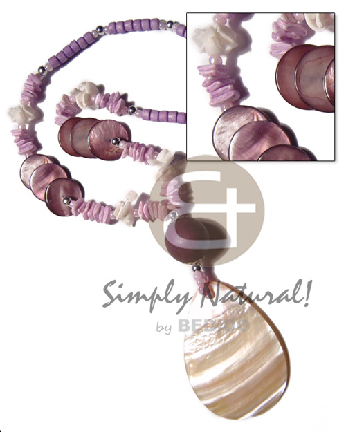 55mmx47mm kabibe teardrop pendant  white rose, laminated  6 pcs. 18mm flat round kabibe, 4-5 coco Pokalet , round nat. wood beads. all in violet tones / 18in / barrel lock - Shell Necklace
