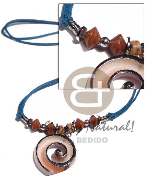 2 rows blue wax cord  wood beads accent andluhuanus strombus pendant (approx.  35mm - varying natural sizes ) molten silver metal series /  attached jump rings / electroplated / st-97 / adjustable - Shell Necklace