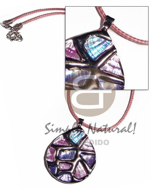 teardrop 50mmx42mm glistening abalone in pastels  pink  rubber cord  silver neckline/ molten silver metal series /  attached 5mm bell ring / electroplated /18in - Shell Necklace