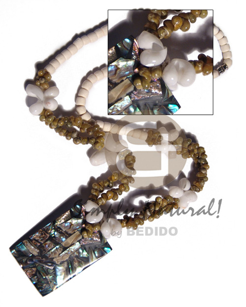 4-5mm bleached white coco Pokalet  moon shells and green mongo shells combination and rectangular 45mmx30mm laminated paua shells  nicarta backing pendant / 20in. - Shell Necklace