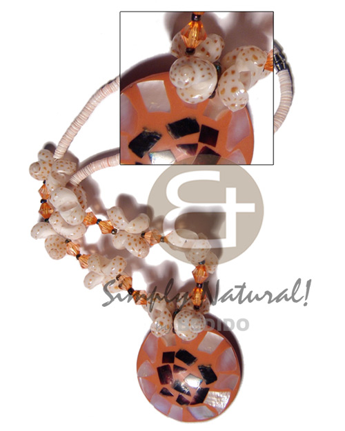 2-3mm pink luhuanus heishe   dotted moon shells /orange acrylic crystal combination and 50mm round orange  resin  laminated hammershells/blackpin shells pendant/ 20in - Shell Necklace