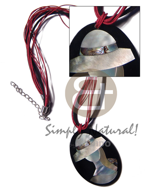 black leather thong  4 rows red cord and 50mmx38mm oval pendant /elegant hat lady delicately etched in shells - brownlip, blacklip and paua combination in jet black laminated resin / 5mm thickness / 18in - Shell Necklace