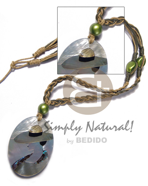 macrame wax cord in olive green and golden brown combination and 50mmx38mm oval pendant /elegant hat lady delicately etched in shells - brownlip, blacklip and paua combination in jet black laminated resin / 5mm thickness / 18in - Shell Necklace