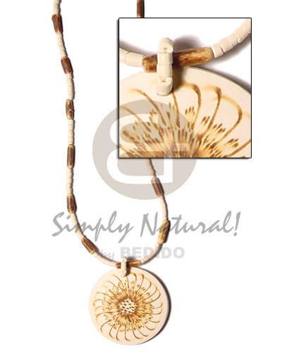 2-3mm coco bleach / siged /  50mm coco pendant  flower burning design - Shell Necklace