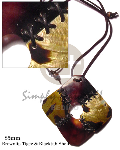 leather thong  black tab/brown lip jigsaw weaved  wax cord pendant - Shell Necklace