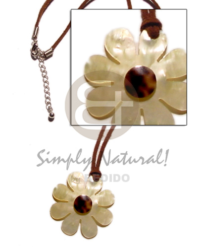 8 petal flower MOP  cowrie shell nectar in leather thong 45mm - Shell Necklace