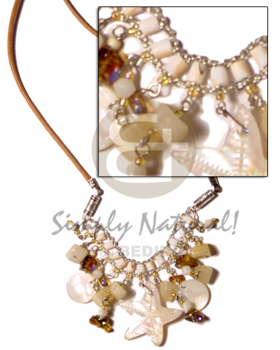 dangling MOP, hammershells and crystal nuggets in wax cord - Shell Necklace