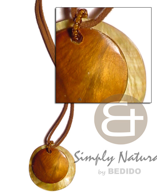 40mm round MOP & 30mm brownlip pendant in leather thong - Shell Necklace