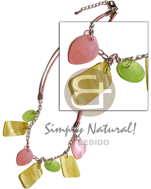 dangling multicolred shell pendant on metal chain and aqua blue & pink wax cords - Shell Necklace