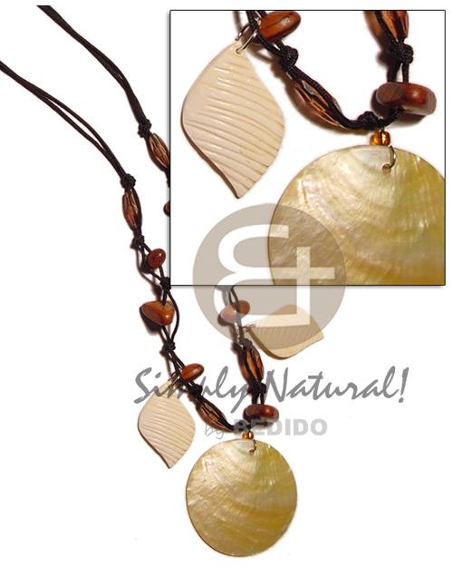40mm round MOP  wood beads & melo shell on wax cord - Shell Necklace