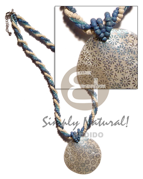 twisted 2-3mm coco pokalet blue/bleach/cut beads  40mm handpainted round hammershell pendant - Shell Necklace