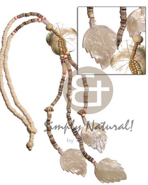 4-5mm coco heishe bleach  35mm blacklip flower and hamershell heishe tassles and 3 dangling 35mm hammershell leaf - Shell Necklace