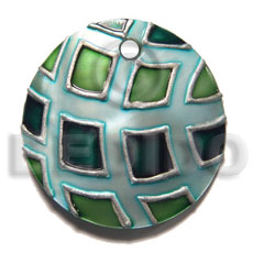 handpainted and colored round 35mm kabibe shell pendant embellished  elevated /embossed metallic paint accent lines - Shell Pendant
