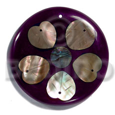 55mm round / 7mm thickness / brownlip hearts  in violet resin backing laminated in clear resin - Shell Pendants