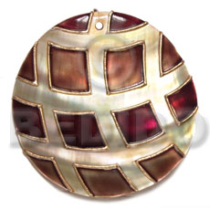 handpainted and colored round 55mm kabibe shell pendant embellished  elevated /embossed metallic paint accent lines / brown and gold tones - Shell Pendants