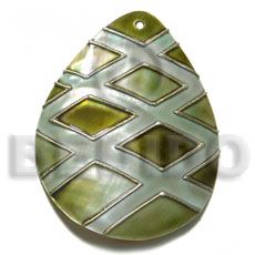 handpainted and colored teardrop 58mmx48mm kabibe shell pendant embellished  elevated /embossed metallic paint accent lines / olive green and gold tones - Shell Pendants