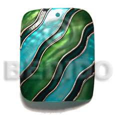 handpainted and colored rectangle 50mmx40mm kabibe shell pendant embellished  elevated /embossed metallic paint accent lines / blue, green and silver tones - Shell Pendants