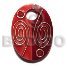 handpainted and colored oval 40mmx30mm kabibe shell pendant embellished  elevated /embossed metallic paint accent lines / red and gold tones - Shell Pendants