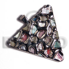 triangle 50mm glistening abalone in pastel / molten silver metal series /  attached 5mm bell ring / electroplated - Shell Pendants