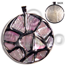 50mm round glistening pink abalone / molten silver metal series /  attached 5mm bell ring / electroplated - Shell Pendants